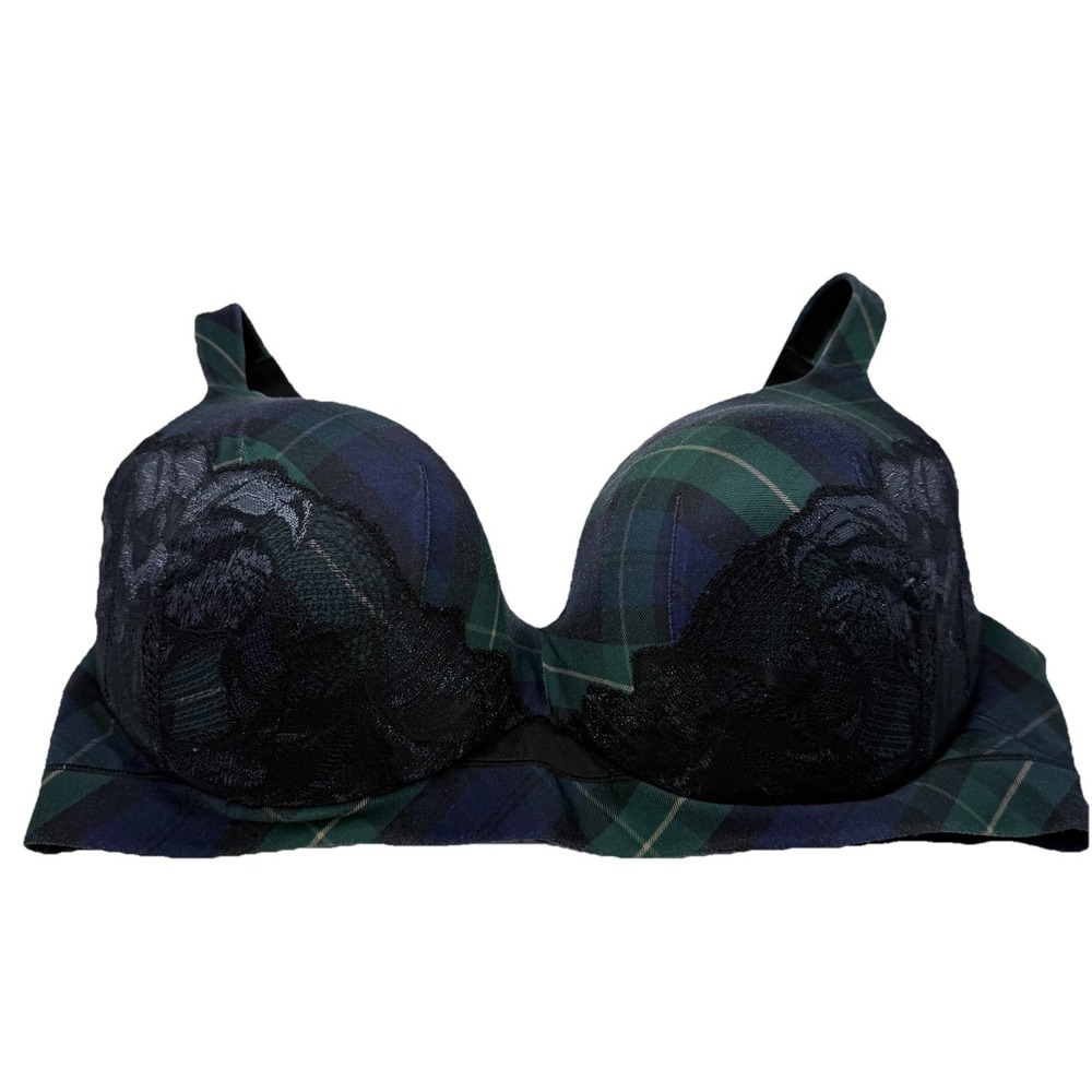 Cacique 40DD Bra Green Plaid Lightly Lined Full Coverage Underwire Stretch Lace